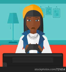 An african-american woman sitting on a sofa with gamepad in hands on a living room background vector flat design illustration. Square layout.. Addicted video gamer.