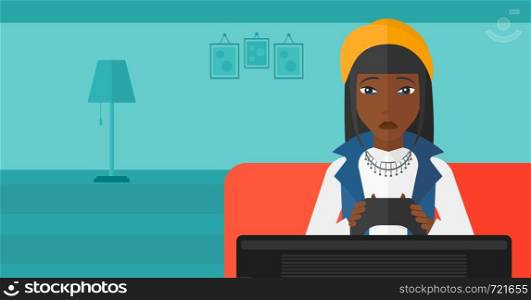 An african-american woman sitting on a sofa with gamepad in hands on a living room background vector flat design illustration. Horizontal layout.. Addicted video gamer.