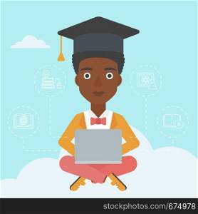An african-american woman sitting on the cloud with a laptop and some icons connected to the laptop on the background of blue sky vector flat design illustration. Square layout.. Graduate sitting on cloud.