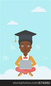 An african-american woman sitting on the cloud with a laptop and some icons connected to the laptop on the background of blue sky vector flat design illustration. Vertical layout.. Graduate sitting on cloud.