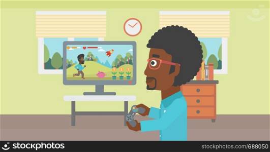 An african-american woman sitting on the couch in living room and watching tv vector flat design illustration. Horizontal layout.. Man playing video game.