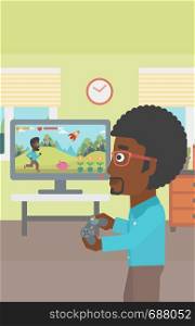 An african-american woman sitting on the couch in living room and watching tv vector flat design illustration. Vertical layout.. Man playing video game.