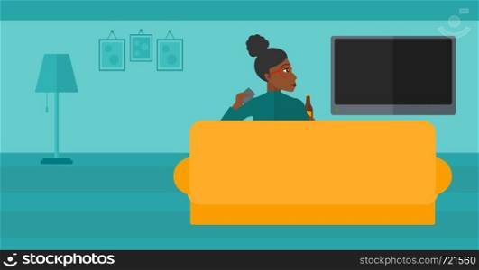 An african-american woman sitting on the couch in living room and watching tv with remote controller in one hand and a bottle in another vector flat design illustration. Horizontal layout.. Woman watching TV.