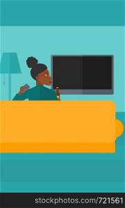 An african-american woman sitting on the couch in living room and watching tv with remote controller in one hand and a bottle in another vector flat design illustration. Vertical layout.. Woman watching TV.