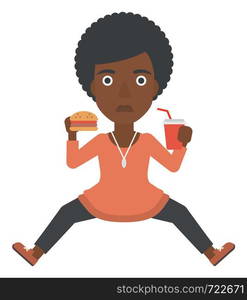 An african-american woman sitting on the floor and eating hamburger and drinking soda vector flat design illustration isolated on white background. . Woman eating hamburger.