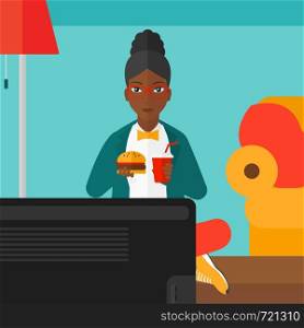 An african-american woman sitting on the floor in living room while eating hamburger and drinking soda vector flat design illustration. Square layout.. Woman eating hamburger.