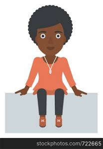 An african-american woman sitting vector flat design illustration isolated on white background. . Smiling woman sitting.