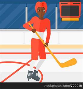 An african-american woman skating with a stick on ice rink vector flat design illustration. Square layout.. Ice-hockey player with stick.