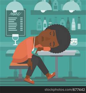 An african-american woman sleeping at the bar at the table vector flat design illustration. Square layout.. Woman sleeping in bar.