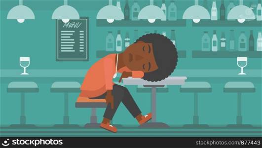 An african-american woman sleeping at the bar at the table vector flat design illustration. Horizontal layout.. Woman sleeping in bar.