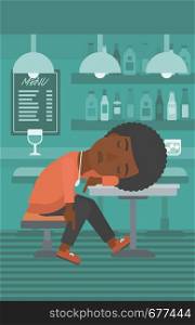 An african-american woman sleeping at the bar at the table vector flat design illustration. Vertical layout.. Woman sleeping in bar.