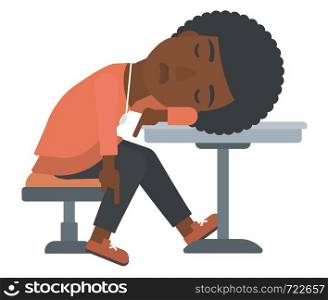 An african-american woman sleeping at the table vector flat design illustration isolated on white background. . Woman sleeping in bar.