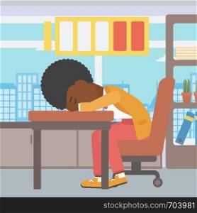 An african-american woman sleeping at workplace on laptop keyboard and low power battery sign over her head. Business woman sleeping in office. Vector flat design illustration. Square layout.. Woman sleeping at workplace vector illustration.