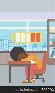 An african-american woman sleeping at workplace on laptop keyboard and low power battery sign over her head. Business woman sleeping in office. Vector flat design illustration. Vertical layout.. Woman sleeping at workplace vector illustration.