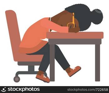 An african-american woman sleeping on table vector flat design illustration isolated on white background. . Woman sleeping on table.