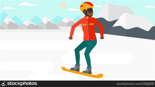 An african-american woman snowboarding on the background of snow capped mountain vector flat design illustration. Horizontal layout.. Young woman snowboarding.