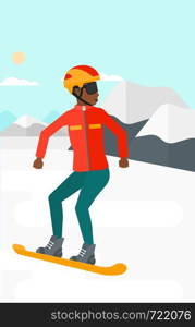 An african-american woman snowboarding on the background of snow capped mountain vector flat design illustration. Vertical layout.. Young woman snowboarding.