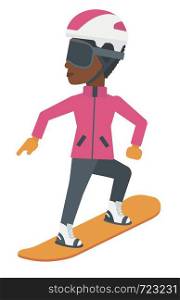 An african-american woman snowboarding vector flat design illustration isolated on white background.. Young woman snowboarding.