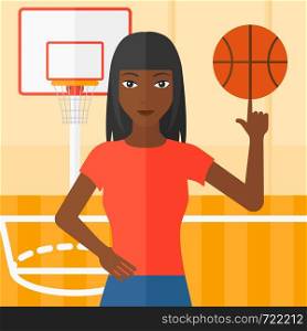 An african-american woman spinning basketball ball on her finger on the background of basketball court vector flat design illustration. Square layout.. Basketball player spinning ball.