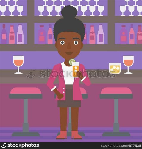 An african-american woman standing at the bar and holding a glass of juice vector flat design illustration. Square layout.. Woman holding glass of juice.