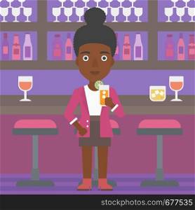 An african-american woman standing at the bar and holding a glass of juice vector flat design illustration. Square layout.. Woman holding glass of juice.