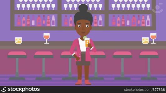 An african-american woman standing at the bar and holding a glass of juice vector flat design illustration. Horizontal layout.. Woman holding glass of juice.