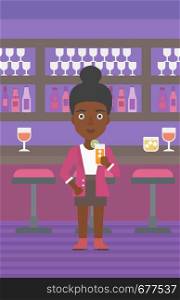An african-american woman standing at the bar and holding a glass of juice vector flat design illustration. Vertical layout.. Woman holding glass of juice.
