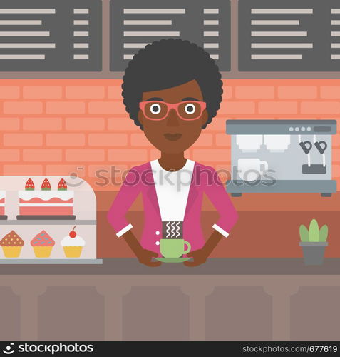 An african-american woman standing at the counter with cup of coffee on the background of bakery with pastry and coffee maker vector flat design illustration. Square layout.. Woman making coffee.