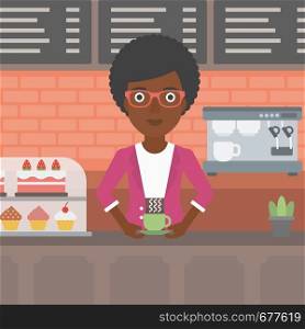 An african-american woman standing at the counter with cup of coffee on the background of bakery with pastry and coffee maker vector flat design illustration. Square layout.. Woman making coffee.