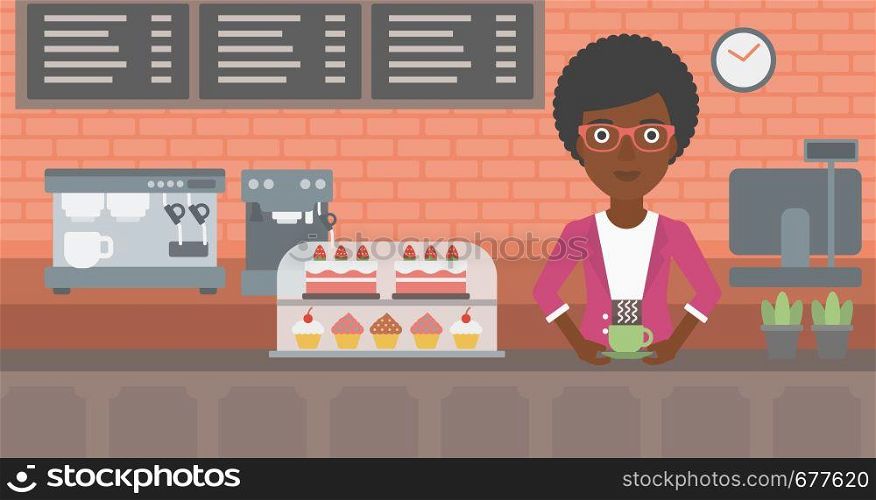 An african-american woman standing at the counter with cup of coffee on the background of bakery with pastry and coffee maker vector flat design illustration. Horizontal layout.. Woman making coffee.