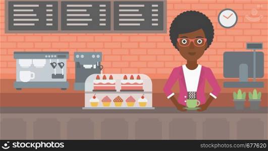An african-american woman standing at the counter with cup of coffee on the background of bakery with pastry and coffee maker vector flat design illustration. Horizontal layout.. Woman making coffee.