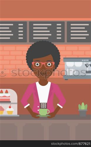 An african-american woman standing at the counter with cup of coffee on the background of bakery with pastry and coffee maker vector flat design illustration. Vertical layout.. Woman making coffee.