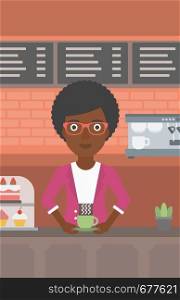 An african-american woman standing at the counter with cup of coffee on the background of bakery with pastry and coffee maker vector flat design illustration. Vertical layout.. Woman making coffee.