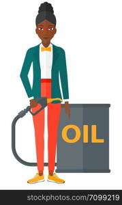 An african-american woman standing beside the oil can and holding filling nozzle vector flat design illustration isolated on white background. . Woman with oil can and filling nozzle.