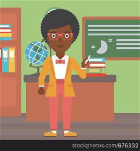 An african-american woman standing in classroom in front of the blackboard with a piece of chalk in her hand vector flat design illustration. Square layout. . Woman with chalk in hand.