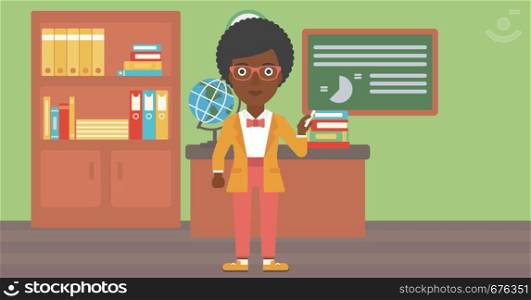 An african-american woman standing in classroom in front of the blackboard with a piece of chalk in her hand vector flat design illustration. Horizontal layout. . Woman with chalk in hand.
