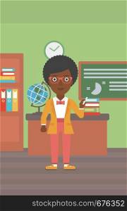 An african-american woman standing in classroom in front of the blackboard with a piece of chalk in her hand vector flat design illustration. Vertical layout. . Woman with chalk in hand.