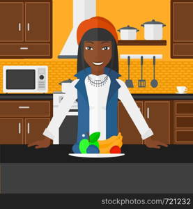 An african-american woman standing in front of table full of organic healthy food on a kitchen background vector flat design illustration. Square layout.. Woman with healthy food.