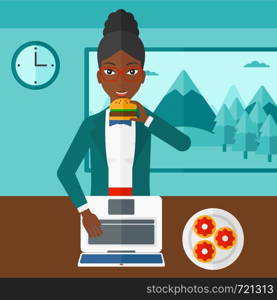 An african-american woman standing in room in front of a laptop while eating junk food vector flat design illustration. Square layout.. Woman eating hamburger.