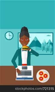 An african-american woman standing in room in front of a laptop while eating junk food vector flat design illustration. Vertical layout.. Woman eating hamburger.