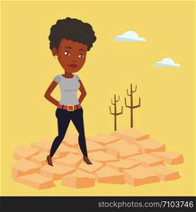 An african-american woman standing in the desert. Frustrated woman standing on cracked earth in the desert. Concept of climate change and global warming. Vector flat design illustration. Square layout. Sad woman in the desert vector illustration.