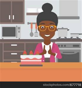 An african-american woman standing in the kitchen and looking with passion at a big cake vector flat design illustration. Square layout.. Woman looking at cake.