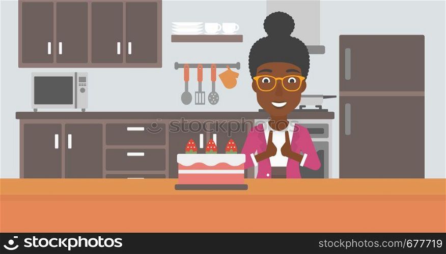 An african-american woman standing in the kitchen and looking with passion at a big cake vector flat design illustration. Horizontal layout.. Woman looking at cake.