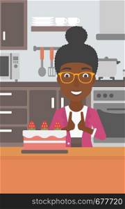 An african-american woman standing in the kitchen and looking with passion at a big cake vector flat design illustration. Vertical layout.. Woman looking at cake.