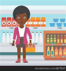 An african-american woman standing in the supermarket and holding a pack of beer vector flat design illustration. Square layout.. Woman with pack of beer.