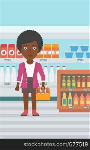 An african-american woman standing in the supermarket and holding a pack of beer vector flat design illustration. Vertical layout.. Woman with pack of beer.