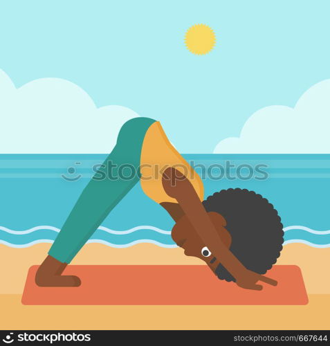 An african-american woman standing in yoga downward facing dog pose on the beach vector flat design illustration. Square layout.. Woman practicing yoga.