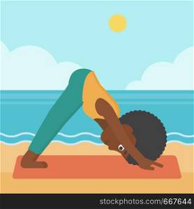 An african-american woman standing in yoga downward facing dog pose on the beach vector flat design illustration. Square layout.. Woman practicing yoga.