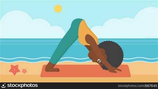 An african-american woman standing in yoga downward facing dog pose on the beach vector flat design illustration. Horizontal layout.. Woman practicing yoga.