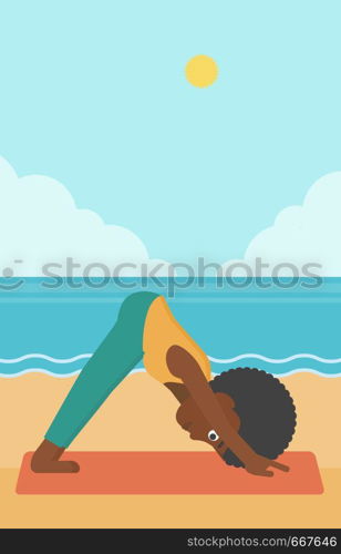 An african-american woman standing in yoga downward facing dog pose on the beach vector flat design illustration. Vertical layout.. Woman practicing yoga.